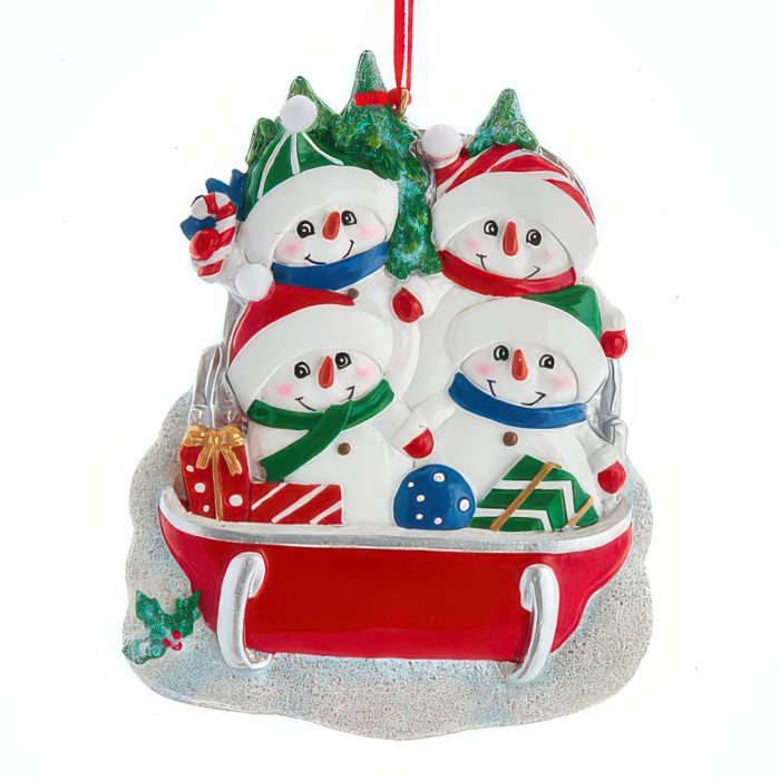 Snow Family on Sled Ornaments Personalize Four