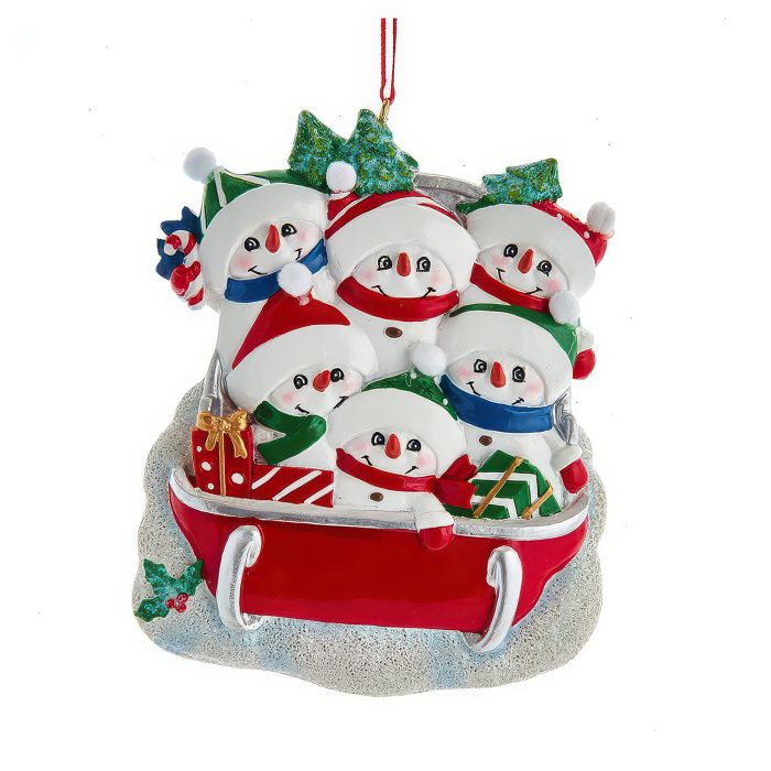 Snow Family on Sled Ornaments Personalize Six