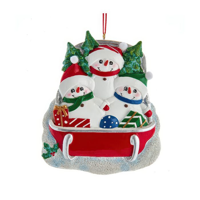 Snow Family on Sled Ornaments Personalize Three