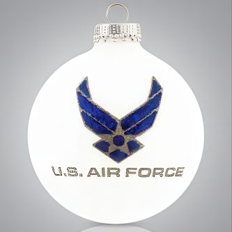 White Christmas Ornament Featuring a Blue and Gold Air Force Emblem on the Front and the Word air Force at the Bottom