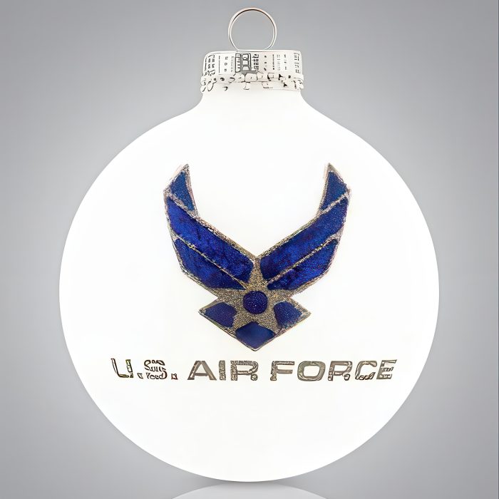 White Christmas Ornament Featuring a Blue and Gold Air Force Emblem on the Front and the Word air Force at the Bottom