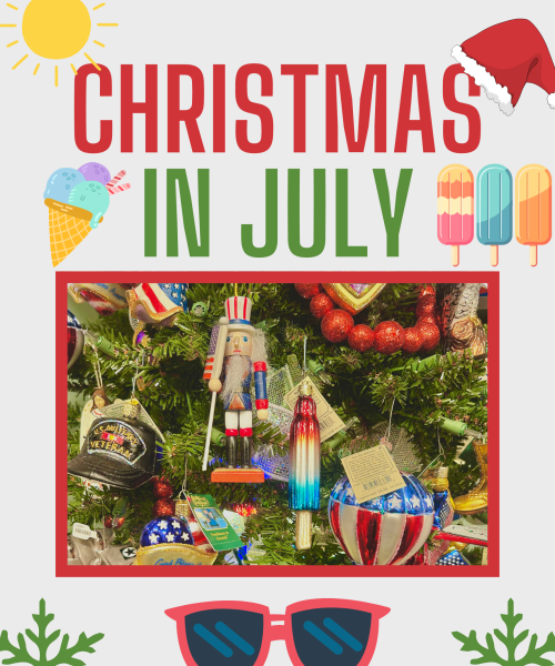 Bright graphic reading 'CHRISTMAS IN JULY' with a sun, Santa hat, ice cream cone, and popsicles framing a photo