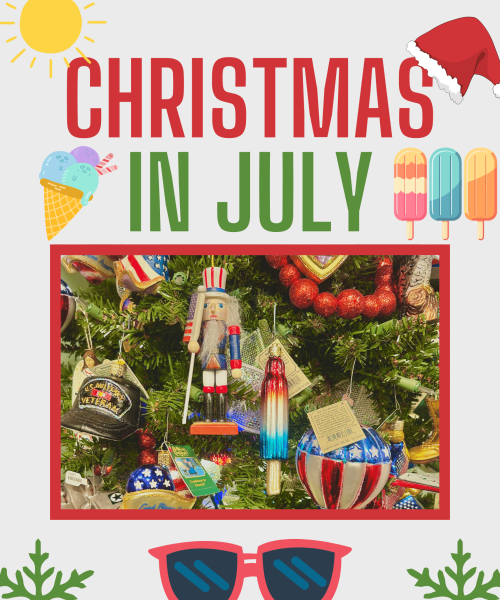 Bright graphic reading 'CHRISTMAS IN JULY' with a sun, Santa hat, ice cream cone, and popsicles framing a photo